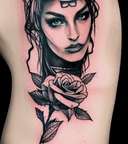 Image similar to tattoo design on white background of a beautiful girl warrior, roses, hyper realistic, realism tattoo, by eliot kohek, beautiful eyes, realistic face