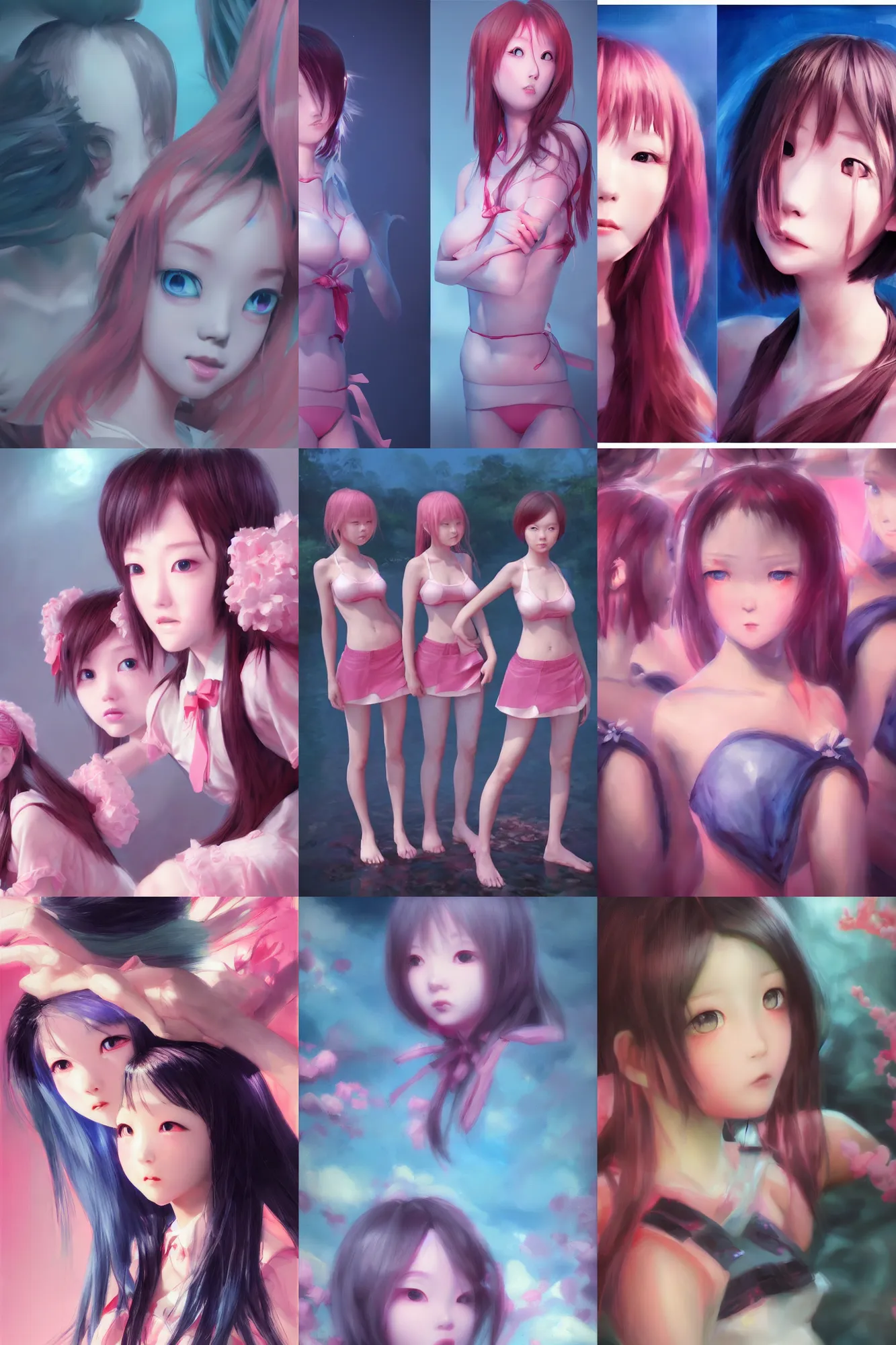 Prompt: 3d dark infrared octane render concept art by D. Jun, by Mo Xiang Tong Xiu, by Igarashi Daisuke, beauty portrait anime schoolgirls under dark pink and blue water. cute face. wierd. dramatic light, trending on artstation, oil painting.