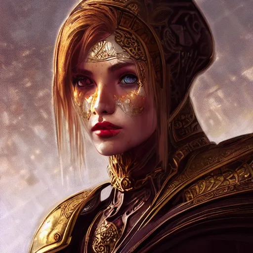 Image similar to portrait knights of Zodiac girl, metallic black and reddish color reflected armor, in ruined Agora of Athens, ssci-fi, fantasy, intricate, very very beautiful, elegant, golden light, highly detailed, digital painting, artstation, concept art, smooth, sharp focus, illustration, art by WLOP and tian zi and alphonse mucha