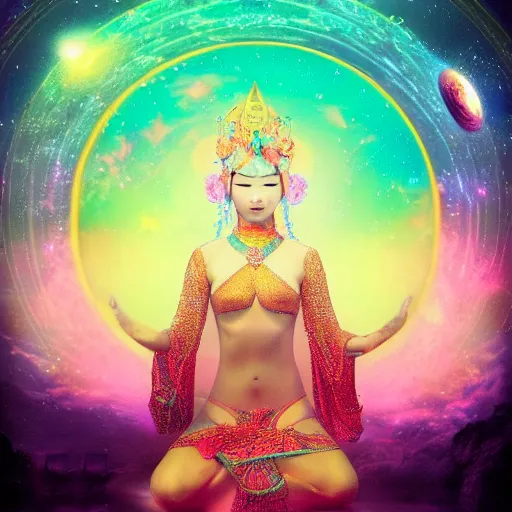 Prompt: a beautiful Asian sky goddess, sharing her cosmic magic with the world