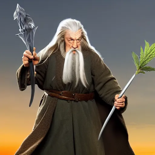 Image similar to Gandalf from the hobbit holding a giant marijuana joint, amazing digital art, trending on artstation, highly detailed
