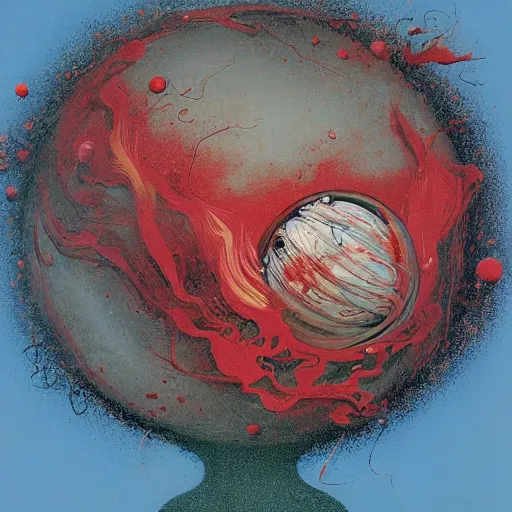 Image similar to a sphere being devoured by abstract splatters of paint in the style of francis bacon, venus being engulfed in flames in the style of james jean, surreal, beksinski, high detailed