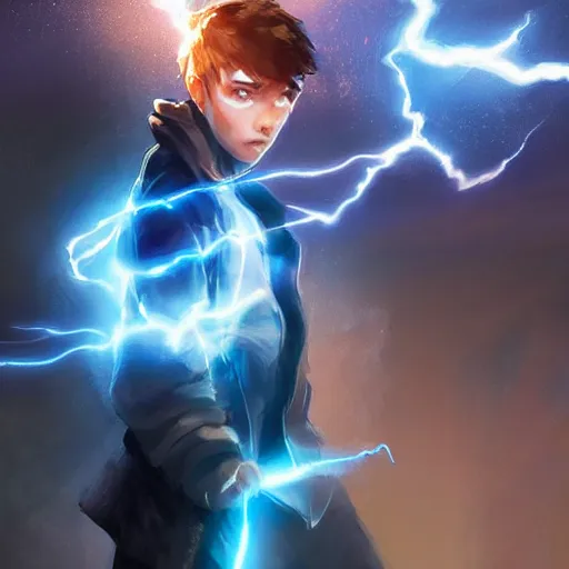 Prompt: a teen boy with glowing blue eyes sparkling with blue lightning in emotional turmoil. sparks. electricity. digital art. fantasy. matte painting sharp focus. action pose. dynamic poses. highly detailed. uhd. by repin. krenz cushart tianhua xu