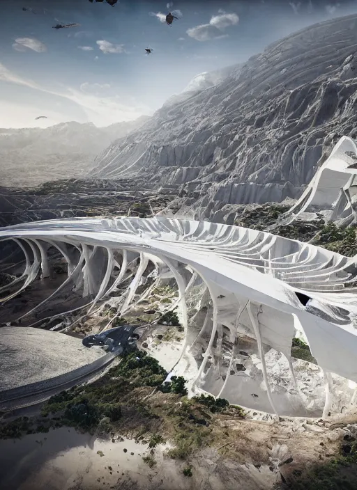 Image similar to bioremediation white mining tailing futuristic horizontal architecture in chuquicamata, epic, cinematic, hyperealistic, high detailed, corona render, hdr, ray tracing