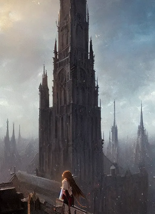 Prompt: a distant view of a teenage girl standing on top of the tallest spire in a gothic fantasy city. beautiful painting by greg rutkowski