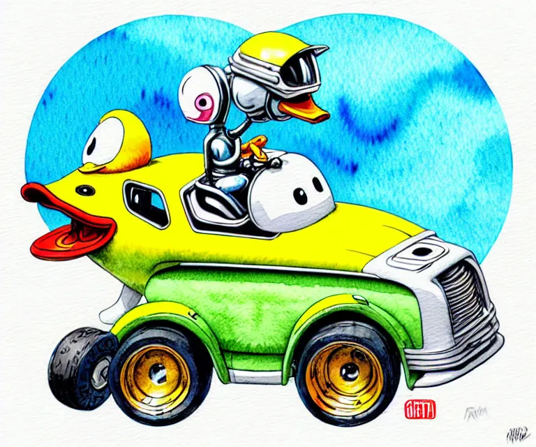 Prompt: cute and funny, duck wearing a helmet riding in a tiny hot rod with oversized engine, ratfink style by ed roth, centered award winning watercolor pen illustration, isometric illustration by chihiro iwasaki, edited by range murata, tiny details by artgerm and watercolor girl, symmetrically isometrically centered, focused