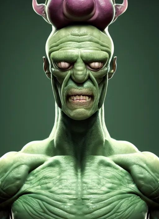 Image similar to muscular creature with muted green skin, bald, no nose, large eyes, mouth is closed, surprised expression, hyper detailed, digital art, trending in artstation, cinematic lighting, studio quality, smooth render, unreal engine 5 rendered, octane rendered, art style by klimt and nixeu and ian sprigger and wlop and krenz cushart.