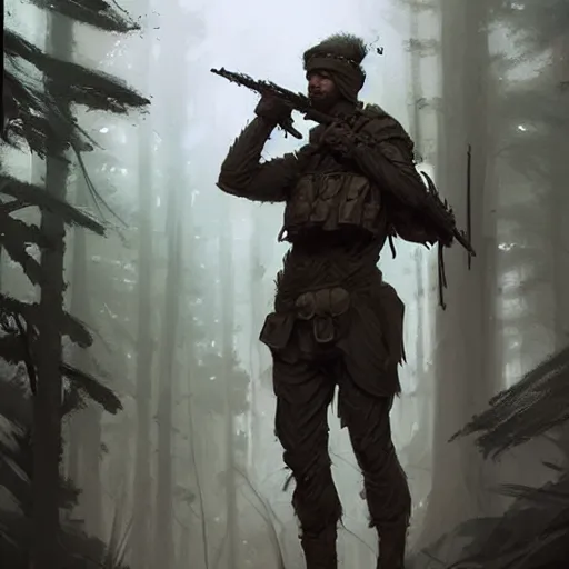 Prompt: male soldier in the forest, by Greg Rutkowski!!!, D&D, fantasy, intricate, elegant, highly detailed, digital painting, artstation, concept art, matte, sharp focus, illustration