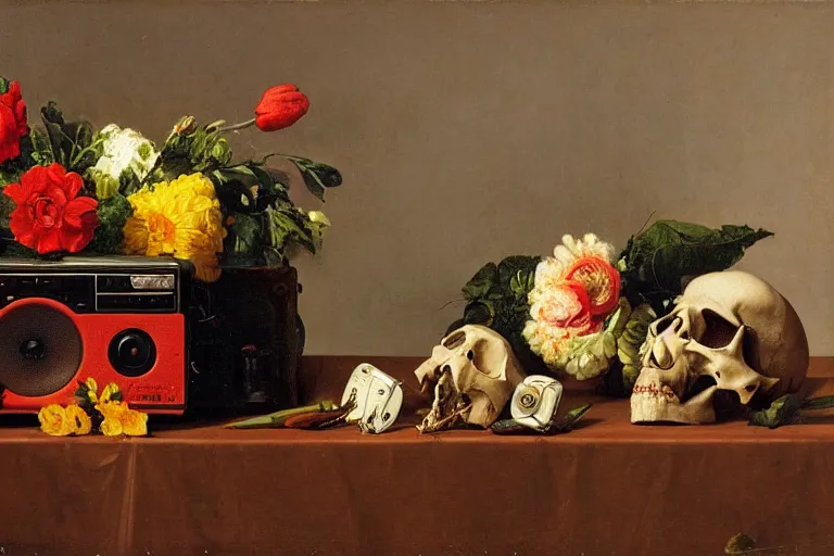 Prompt: still life by evaristo baschenis, flowers, vegetables, skull, boombox, radio set