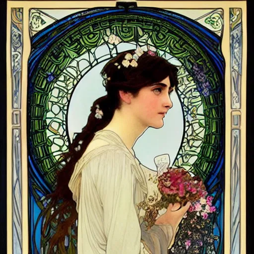 Image similar to a detailed, intricate art nouveau portrait poster of a young bride who resembles a teenage saoirse ronan and emma watson in a white bridal gown, in a garden of fireflies and glowing lanterns at night, by alphonse mucha, and john william waterhouse