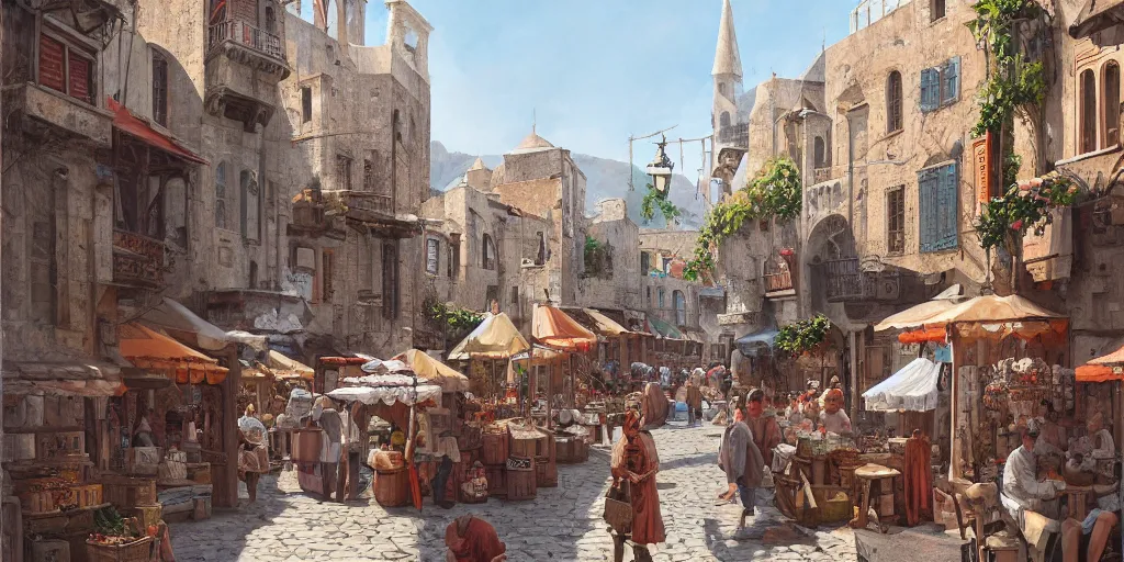 Prompt: a busy medieval Mediterranean street market in the style of Sylvain Sarrailh, Greek islands, narrow streets, whitewashed buildings, old port, hanging fabric, bartering merchants, beautiful digital art, cinematic composition, detailed, concept art, Matt painting, oil painting, high res