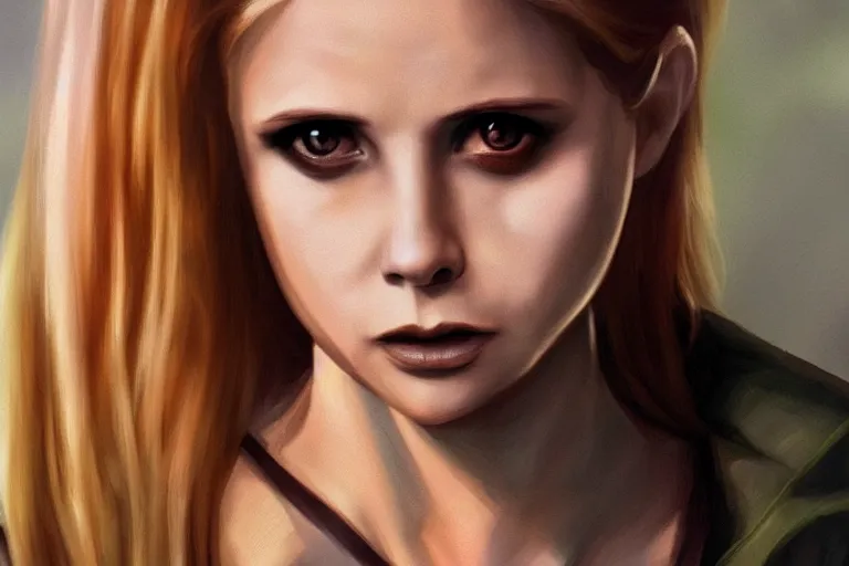 Image similar to Buffy Summers as a vampire, dramatic lighting, hyper-realistic, extremely high detail, trending on artstation