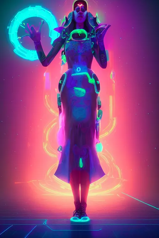 Image similar to void goddess wearing a dress made of neon, surreal, 4 k, unreal engine, octane render, simon stalenhag, d & d, fantasy, intricate, elegant, highly detailed, digital painting, artstation, concept art, matte, sharp focus, illustration, hearthstone, art by artgerm and greg rutkowski