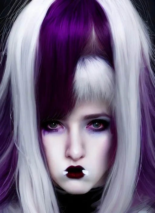 Image similar to portrait of white teenage girl, normal face, white bangs, mall goth, cyberlox, black and white hair, bangs, fluffy bangs, red contact lenses, purple lipstick, intricate, elegant, highly detailed, digital painting, artstation, concept art, sharp focus, smooth, illustration, art by wlop, mars ravelo and greg rutkowski