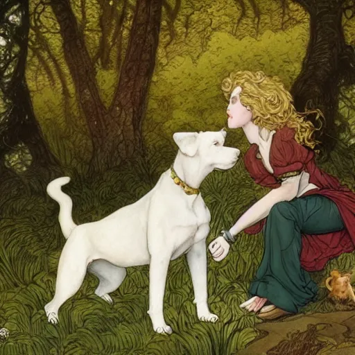 Image similar to pretty girl with curly blonde hair sits in a forest while petting a white pitbull, highly detailed, painting by rebecca guay