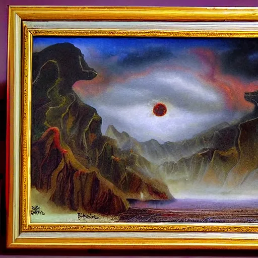 Prompt: a framed painting of a hellish landscape