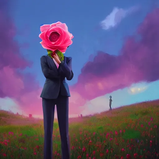 Prompt: closeup, giant rose flower under head, frontal, girl in a suit, surreal photography, sunrise, blue sky, dramatic light, impressionist painting, digital painting, artstation, simon stalenhag