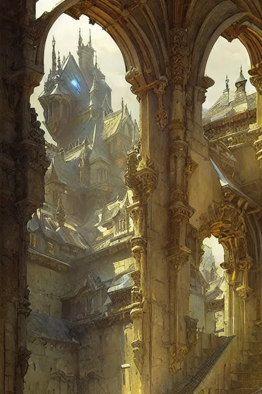 Image similar to An ancient castle, fantasy, painting by greg rutkowski and alphonse mucha