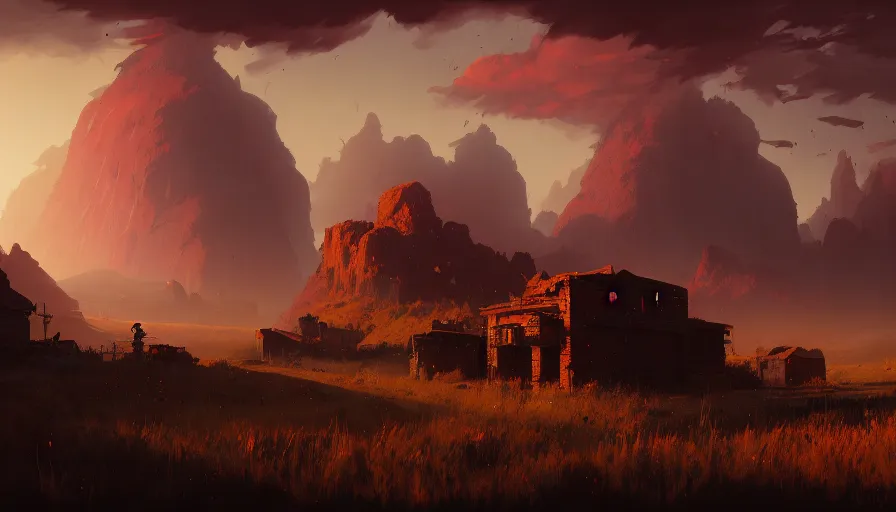 Image similar to highly detailed matte painting of a hostile thunderoud rural landscape by atey ghailan, by greg rutkowski, by greg tocchini, by james gilliard, by joe fenton, red, brown, black and yellow color scheme, octane render