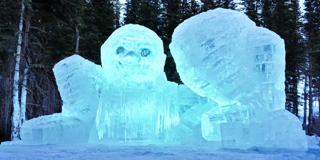 Prompt: giant ice sculpture of a golem, fire, glow, cinematic photo, forest, mountain, video game concept art