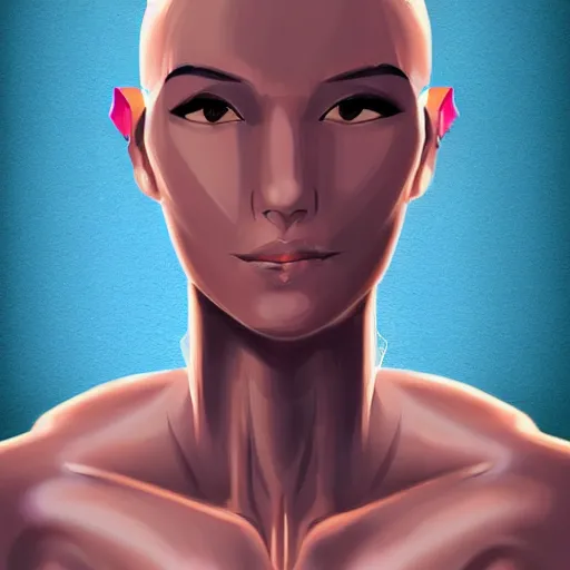 Image similar to Tall sweet woman with an athletic build. She is a bio-machine. There is a crystal in her chest that can be removed. She lost her arms in a fight and now has to use cybernetic ones that attach at the shoulder. Her face and eyes are sharp but kind. Facial features fit her face. Small ears. She has a tail that she wraps around her waist at times. Her hair is in a slightly messy bob and colored light blue. Digital character design art trending on artstation.