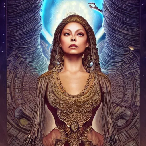 Image similar to a portrait of ornella muti as the goddess minerva surrounded by stacks of books, bioluminescent gown with deep level of detail of esoteric symbols, urban motifs, intricate, elegant, highly detailed, digital painting, trending on artstation, concept art, smooth sharp focus, illustration, art by artgerm and greg rutkowski