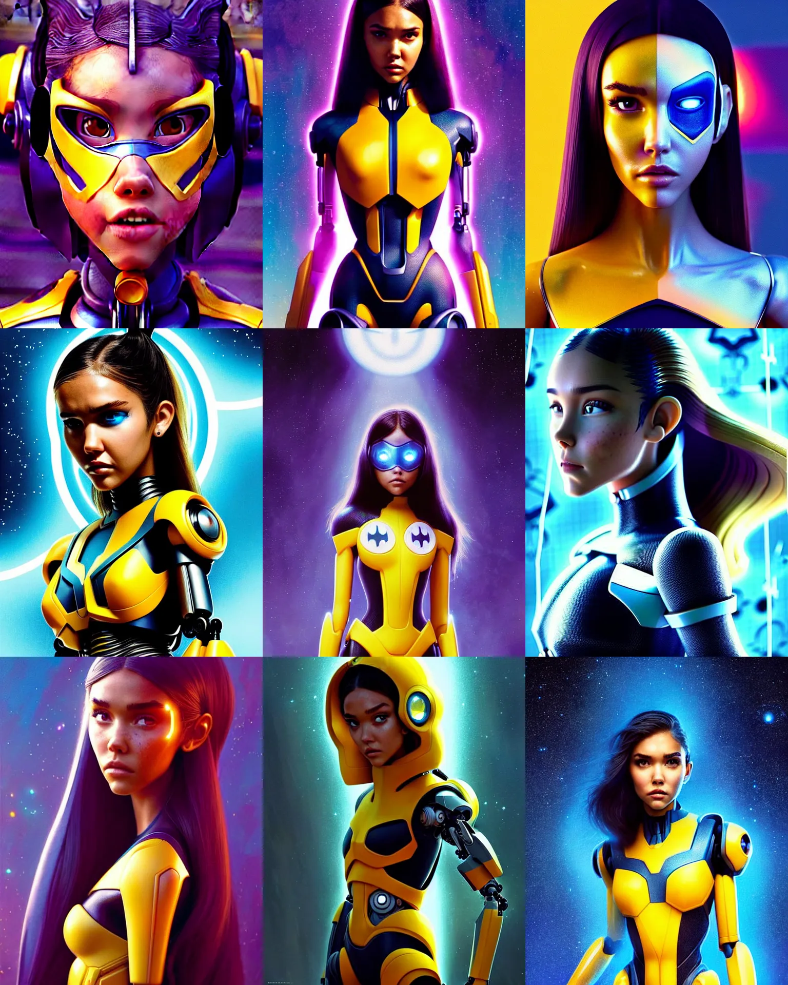 Prompt: sci - fi pixar movie still portrait photo of madison beer, jessica alba : : as hero bumblebee girl future cyborg by pixar : : by greg rutkowski, wlop, rossdraws, artgerm, weta, marvel, raver, elaborate patterned makeup, unreal engine, wet skin, pearlescent, wet, bright morning, anime girl, vogue magazine cover, : :