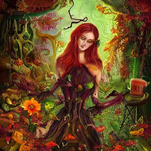 Image similar to Hell and heaven, captured in bottles, a heart full of envy, The Autumn Plague Gardener, the theme of Alice in Wonderland, digital painting, its softness partakes of fluidity, illustration, deep dark, artstation, intricate, biodiversity in a world of change and constancy, ue5, by deiv calviz and bossmonsterbani