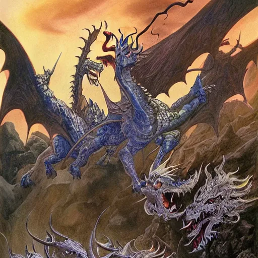 Prompt: a white dragon attacking a group of 5 adventures, dungeons and dragons, digital art, by John Howe and Alan Lee and Larry Elmore