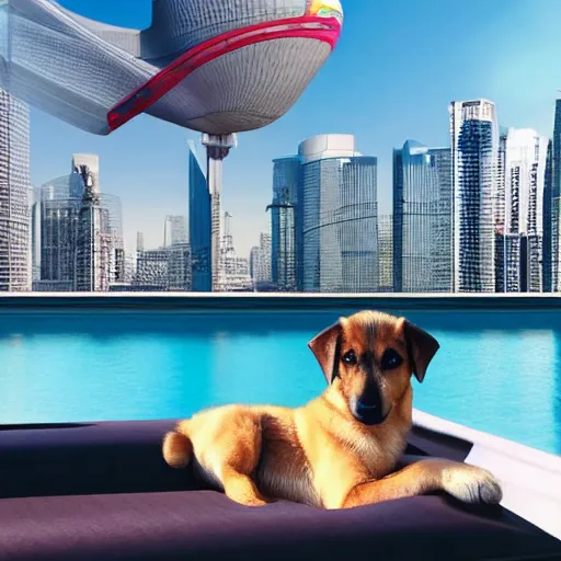 Prompt: a swanky gsd puppy relaxing at a swanky pool on a swanky penthouse rooftop with a futuristic blimp anchor in the background, futuristic cityscape, 8K, 4K, photorealistic, ultrarealistic, UE5, Octane, 3D, digital art, RTX, Ray Tracing, Bokeh, happening vibe