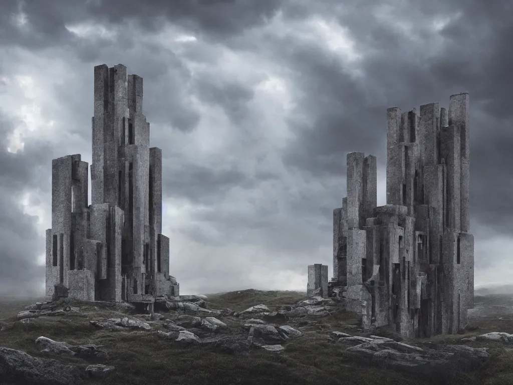 Prompt: photo of a brutalist symmetric cathedral built over a rocky hill, in the middle of a storm. realistic clouds. impressive, magical, very atmospheric, cinematic, stunning, masterpiece, romantic, justin gerard, paul bonner, cover photo, very detailed. 4 k