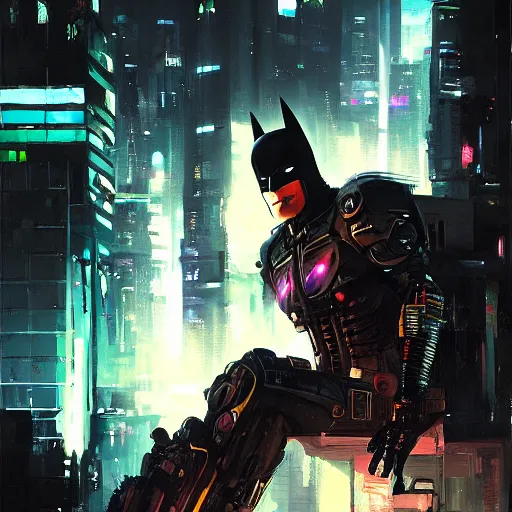 Image similar to cyberpunk batman, futuristic, brush strokes, oil painting, city background, greg rutkowski