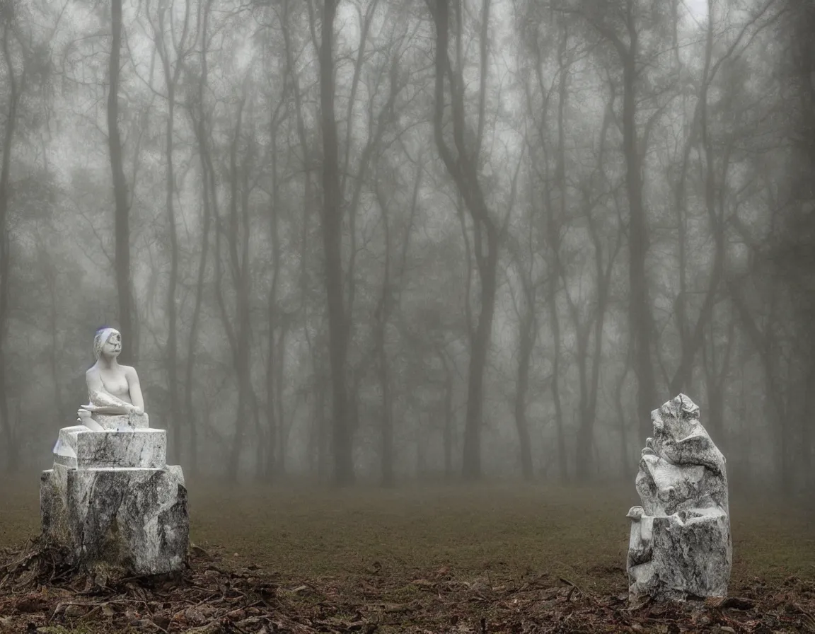 Image similar to abandoned marble sculpture of anya taylor joy in a foggy forest at dawn, gloomy, photography