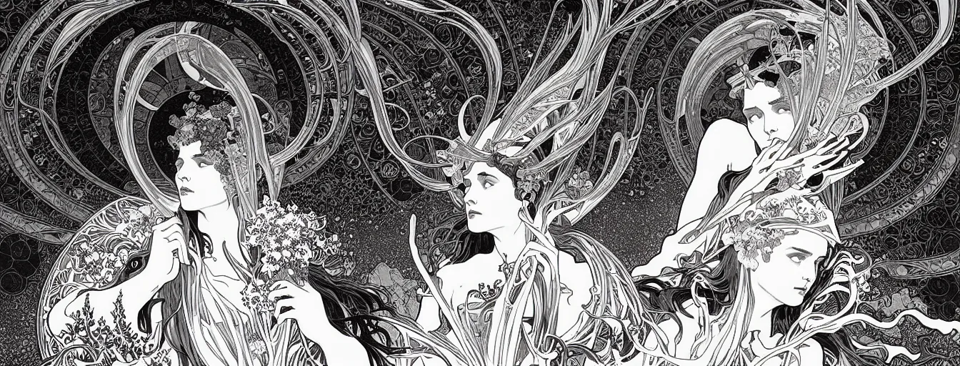 Prompt: fallen angel domain by nicolas delort, alphonse mucha, victo ngai, josan gonzalez, kilian eng