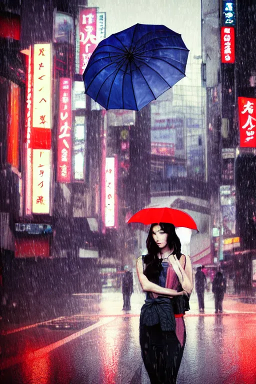 Image similar to A megan fox with an umbrella waiting to cross Shibuyas crossing in Japan, back facing the camera, rainy afternoon, beautiful volumetric lighting, intricate, digital painting, cyberpunk colours