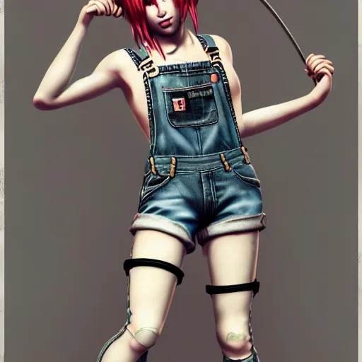 Image similar to full body pose, grungy alice, torn overalls, short shorts, combat boots, fishnets, beautiful, highly detailed face, true anatomy!, extremely detailed!, digital painting, unreal engine 5, art by tom bagshaw