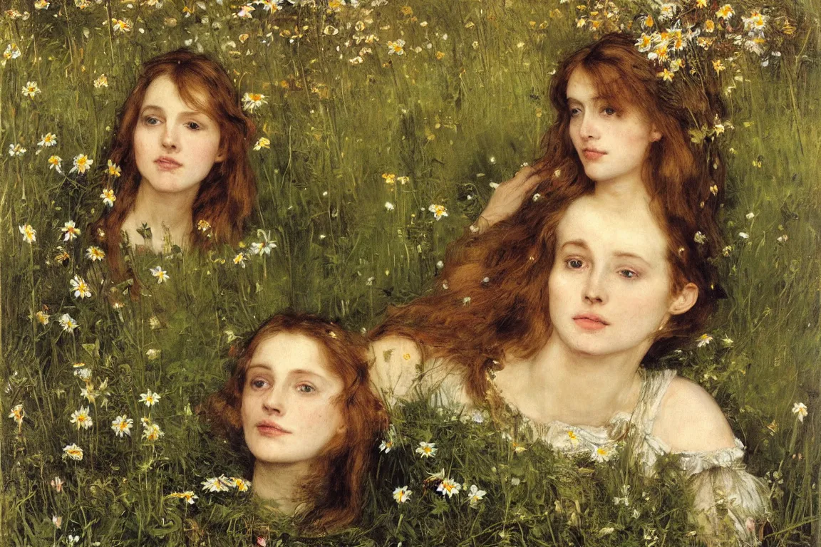 Prompt: John Millais. Close up of apathic pale beautiful Ophelia horizontal in a dark shallow stream with open mouth. Moor. She is in the lower third of the picture. Scary dark forest, flowers are everywhere. Golden brown dress with vibrant details, light dark very long hair. Poppies, daisies, pansies. Naturalistic strong vibrant green colors. Fine brush strokes. Mysterious and realistic. The forest is littered. Isometric Perspective
