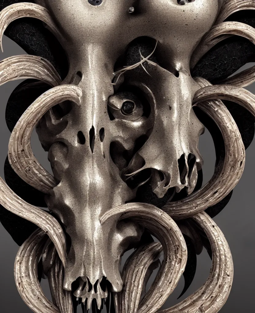 Image similar to goddess princess face close-up portrait ram skull. sculpture made of black stone with elements made of polished gold. jellyfish phoenix head, nautilus, orchid, skull, betta fish, bioluminiscent creatures, intricate artwork by Tooth Wu and wlop and beeple. octane render, trending on artstation, greg rutkowski very coherent symmetrical artwork. cinematic, hyper realism, high detail, octane render, 8k