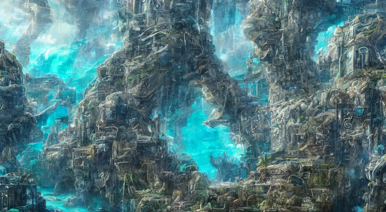 Prompt: the (((hidden))) city of atlantis, large scale, breathtaking, mixed media, digital art, trending on artstation, 8k, epic composition, highly detailed, AAA graphics
