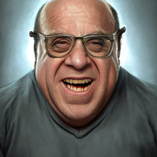 Image similar to hyperrealistic mixed media high resolution painting of a quadriplegic Danny DeVito, stunning 3d render inspired art by István Sándorfi and Greg Rutkowski and Unreal Engine, perfect facial symmetry, dim volumetric lighting, 8k octane beautifully detailed render, full body shot, post-processing, extremely hyper-detailed, intricate, epic composition, highly detailed attributes, highly detailed atmosphere, cinematic lighting, masterpiece, trending on artstation, very very detailed, masterpiece, stunning, flawless structure, lifelike texture, perfection,