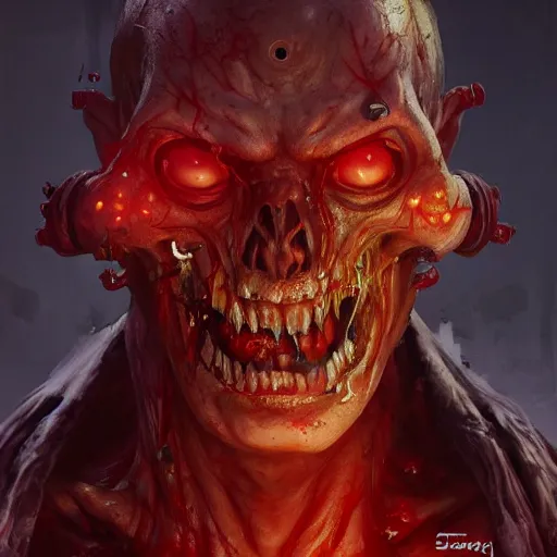 Image similar to zombie from doom eternal, tubes spliced to the body, front view, painted by stanley lau, painted by greg rutkowski, painted by stanley, artgerm, masterpiece, digital art, trending on arts