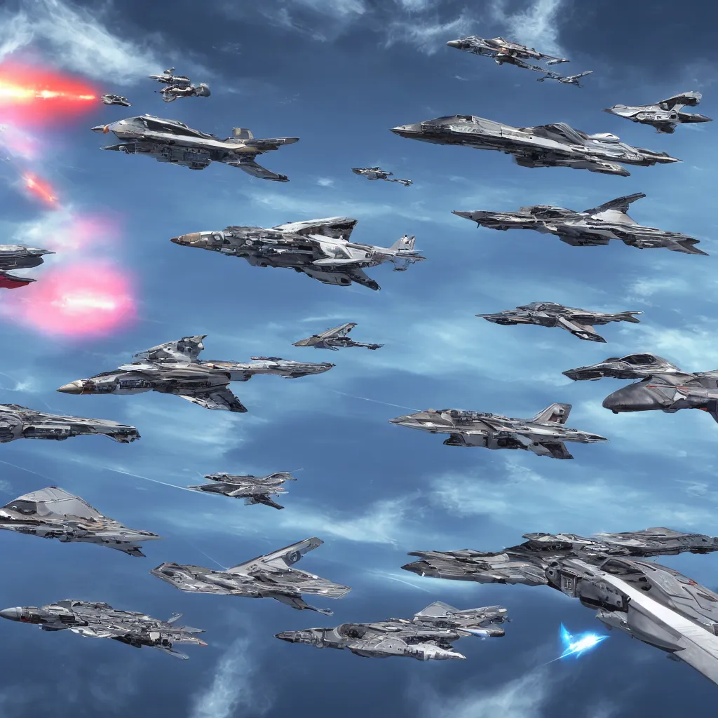 Image similar to fleet of fighter spacecrafts, hyper realistic, 4 k