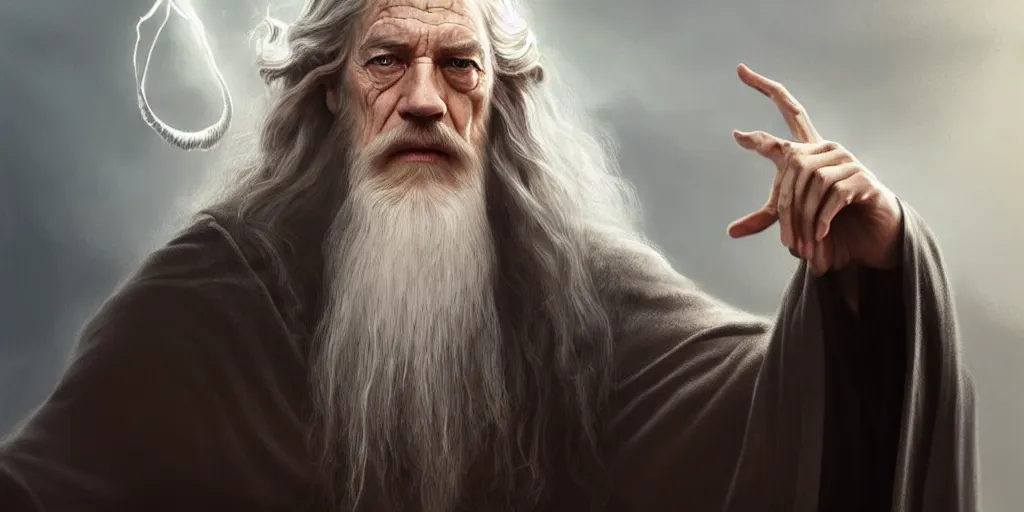 Image similar to a handsome bearded white male sorcerer, he is casting a spells coming from his hands. looks similar to gandalf but with brown hair, epic composition, closed hands, waist up, trending on artstation, concept art,