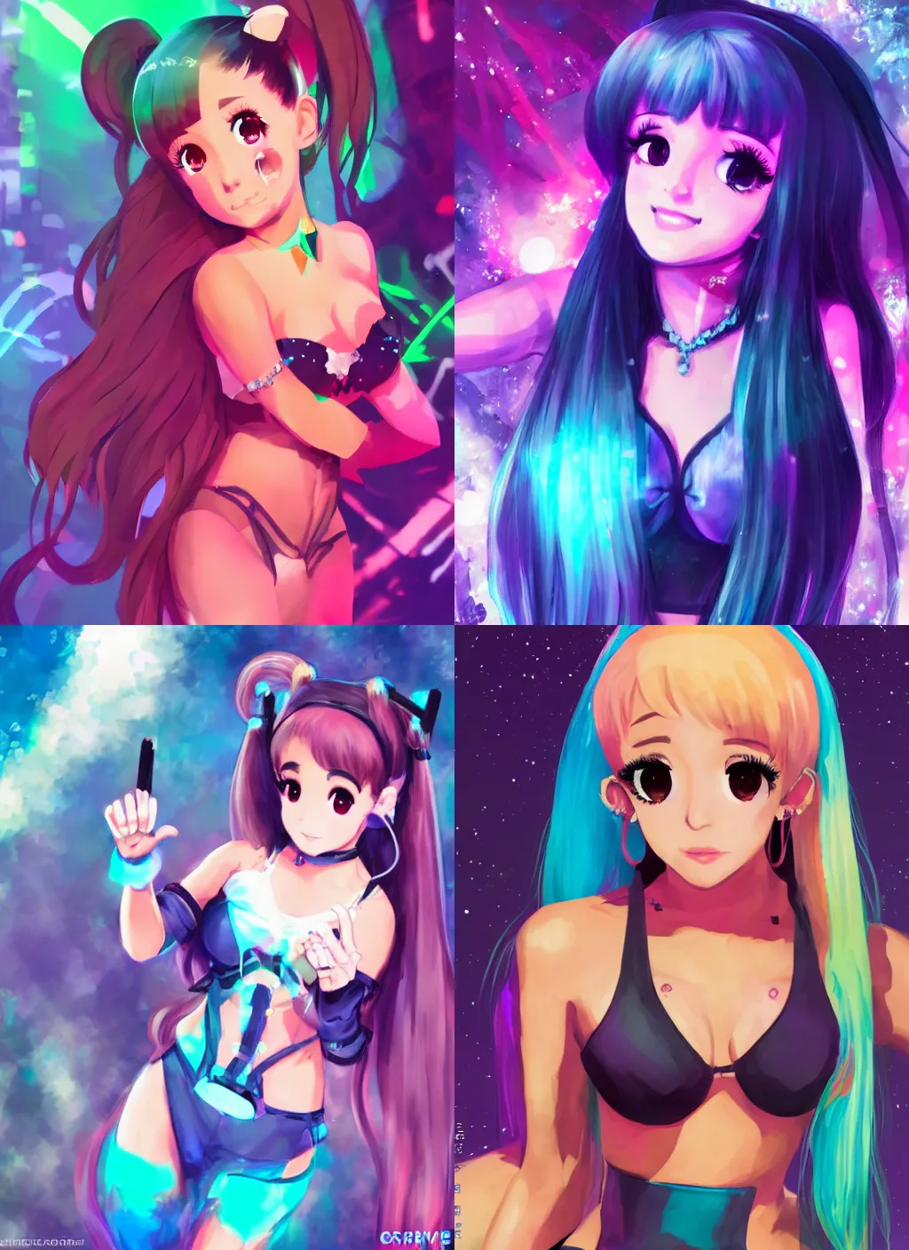 Prompt: Ariana Grande at a sythwave rave party, in the style of Krenz Cushart