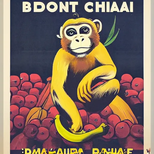 Prompt: propaganda poster of a monkey in front of a large pile of bananas, illustration, highly detailed