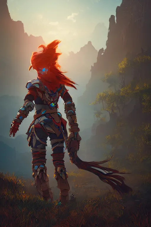 Image similar to combination suit armor aloy horizon forbidden west horizon zero dawn radiating a glowing aura global illumination ray tracing hdr fanart arstation by ian pesty and alena aenami artworks in 4 k tribal robot ninja mask helmet backpack