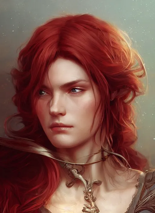 Image similar to portrait of a ruggedly handsome female cleric, soft hair, close - up face, leather, witchy, d & d, fantasy, intricate, elegant, highly detailed, digital painting, artstation, concept art, smooth, sharp focus, illustration, art by artgerm and greg rutkowski and alphonse mucha, plain red background