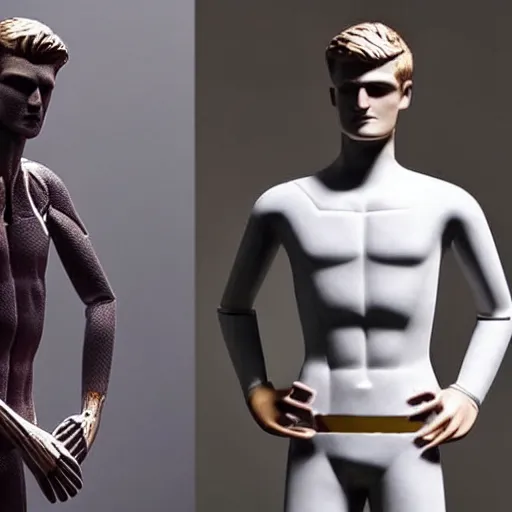 Image similar to a realistic detailed photo of a guy who is an attractive humanoid who is half robot and half humanoid, who is a male android, soccer players martin ødegaard & timo werner, shiny skin, posing like a statue, blank stare, in a living room, on display, showing off his muscles, gold soccer shorts, side view