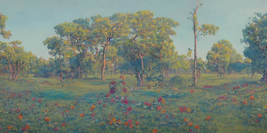 Image similar to landscape painting at noon by james jean and David Schnell painted in no mans land style