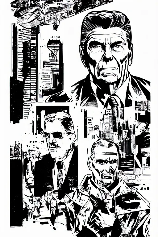 Prompt: ronald reagan, a page from cyberpunk 2 0 2 0, style of paolo parente, style of mike jackson, adam smasher, johnny silverhand, 1 9 9 0 s comic book style, white background, ink drawing, black and white, colouring pages